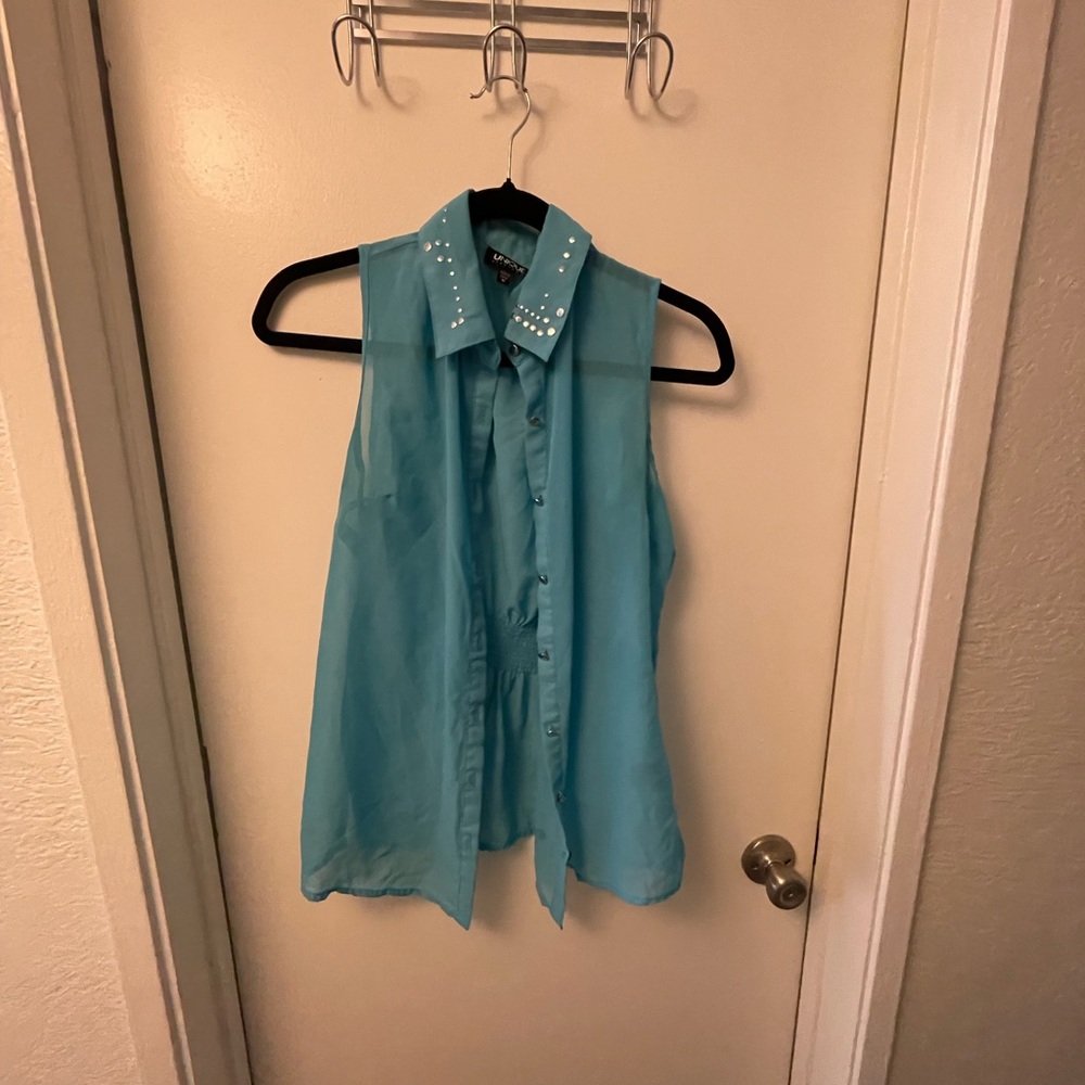 Sleeveless Blue Top with Studded Collar